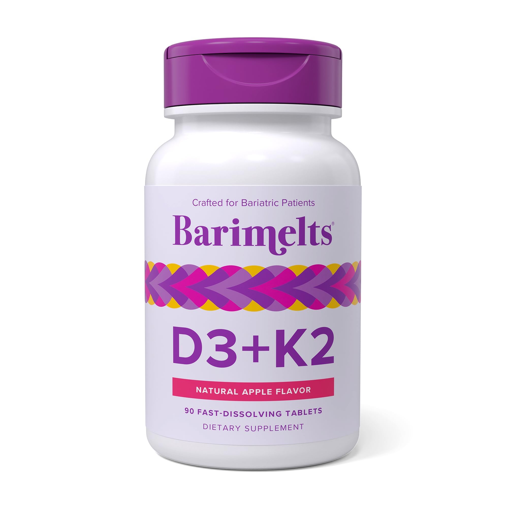 Barimelts D3 K2 tablet closeup highlighting a fast-dissolving formula for daily post-bariatric nutrition