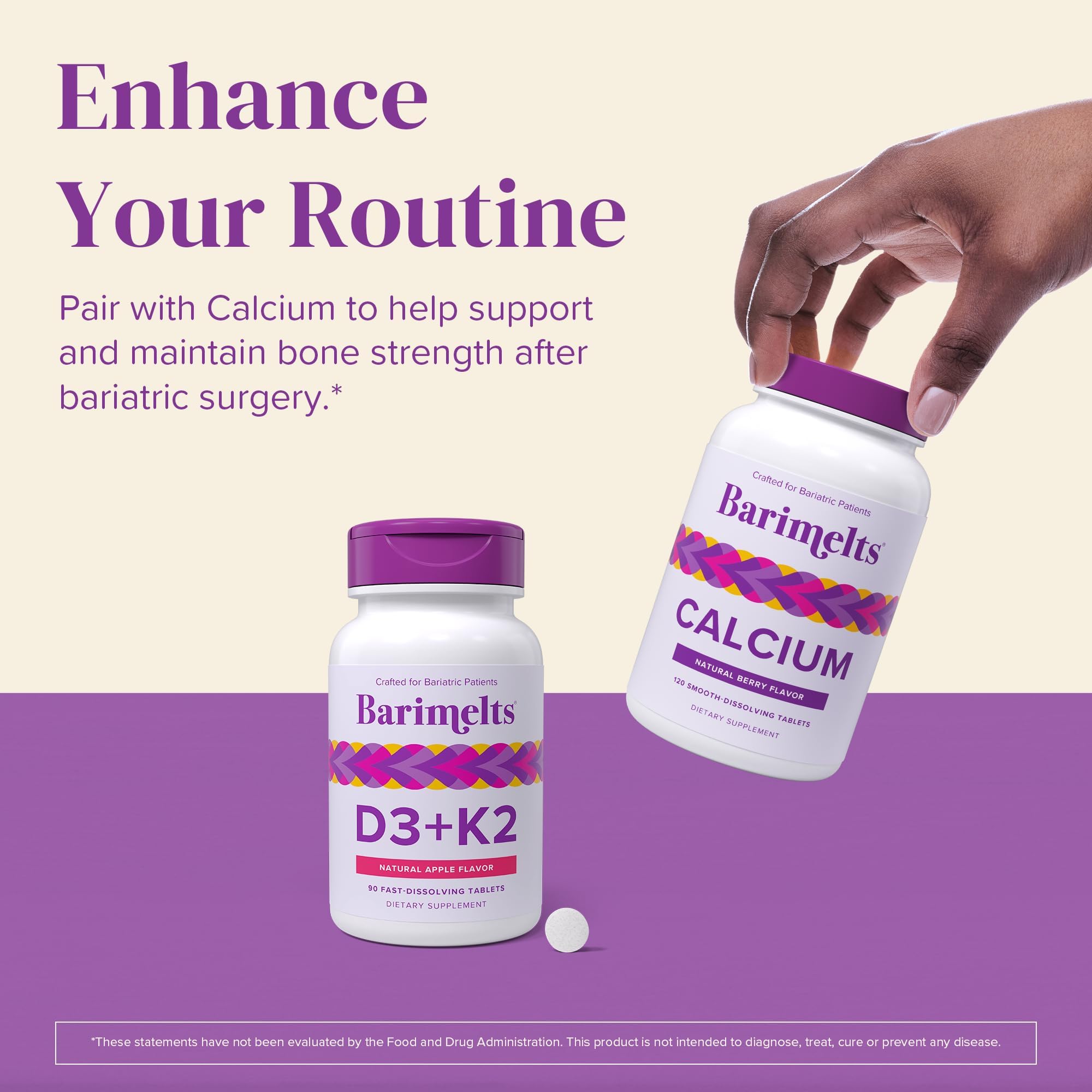 Barimelts D3 K2 tablets on a dish suggest convenient daily usage after meals