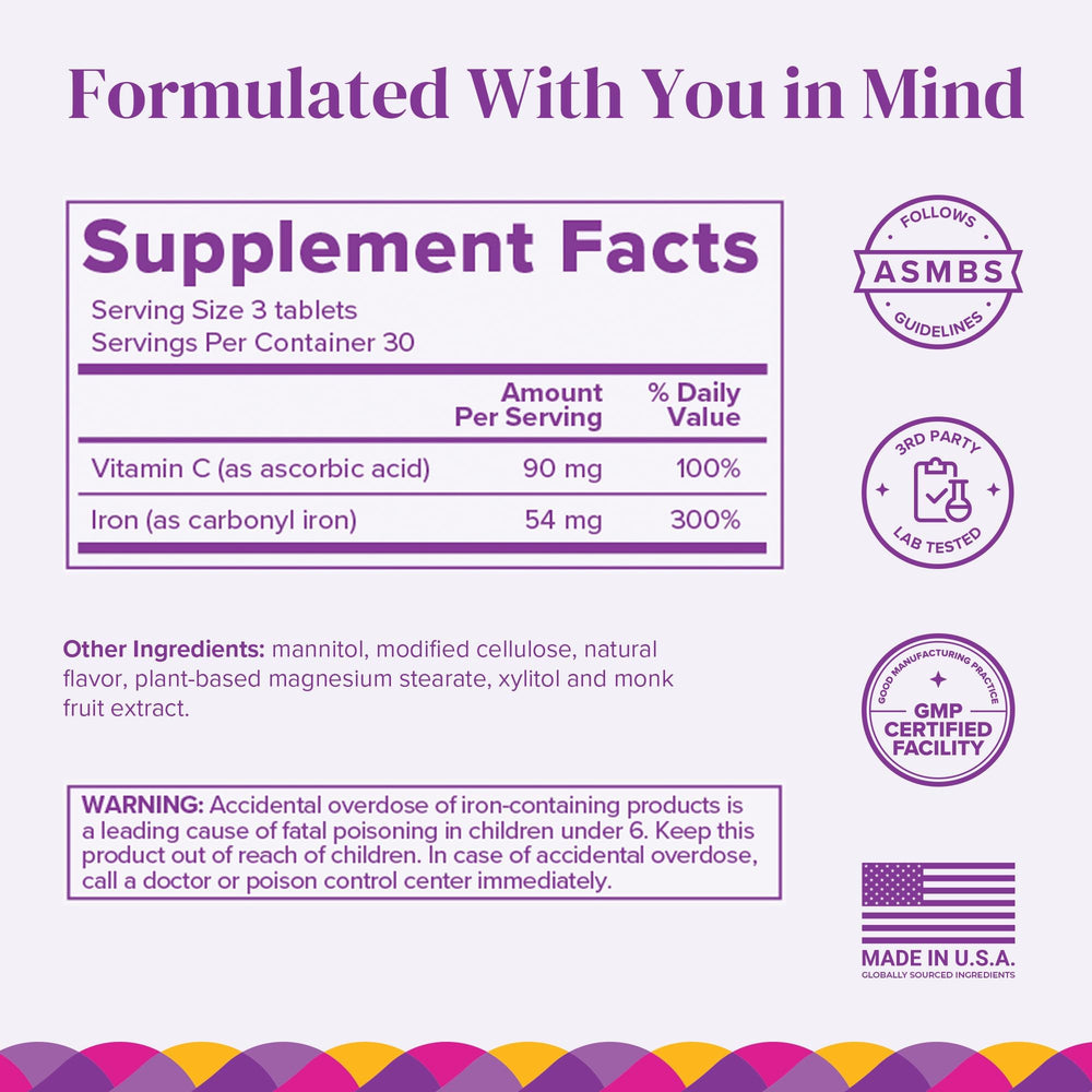 Barimelts Iron melt tablets closeup, smooth melt-in-mouth texture for convenient dosing.