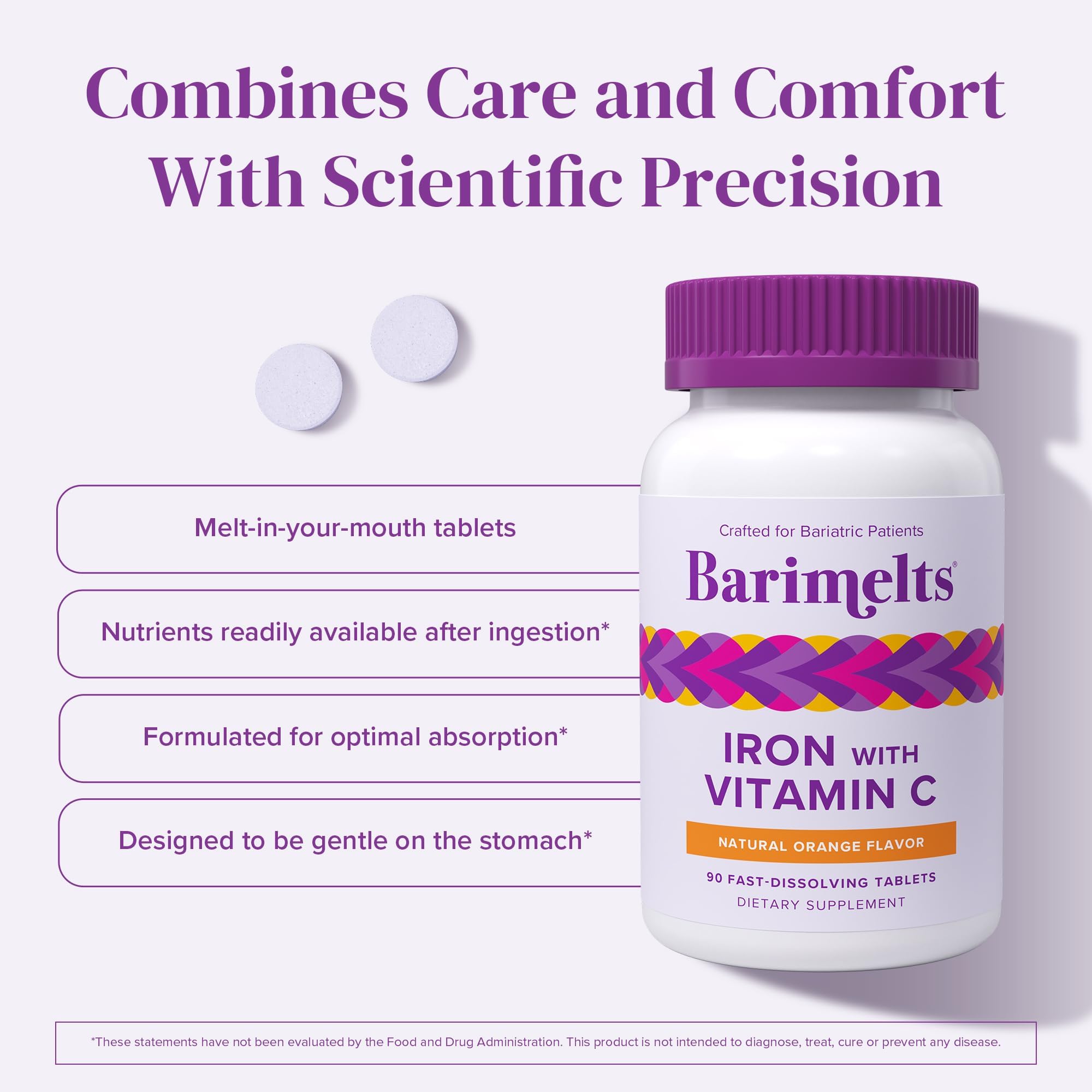 Barimelts Iron vitamin C label, supports iron absorption and immune health.