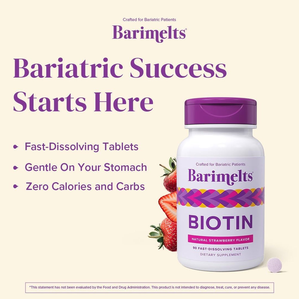 BariMelts Biotin tablet beside water glass ready for daily use.