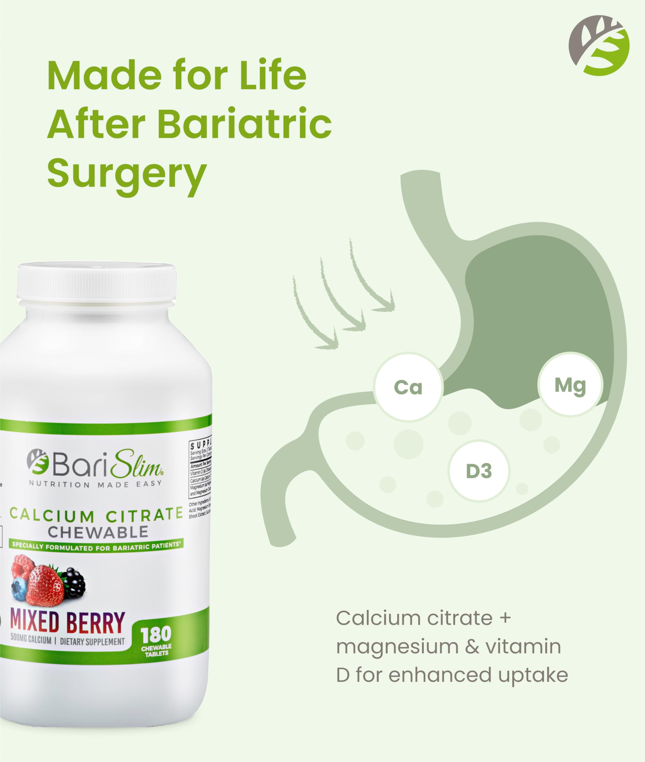 BariSlim 500 mg calcium citrate per serving supports bone health