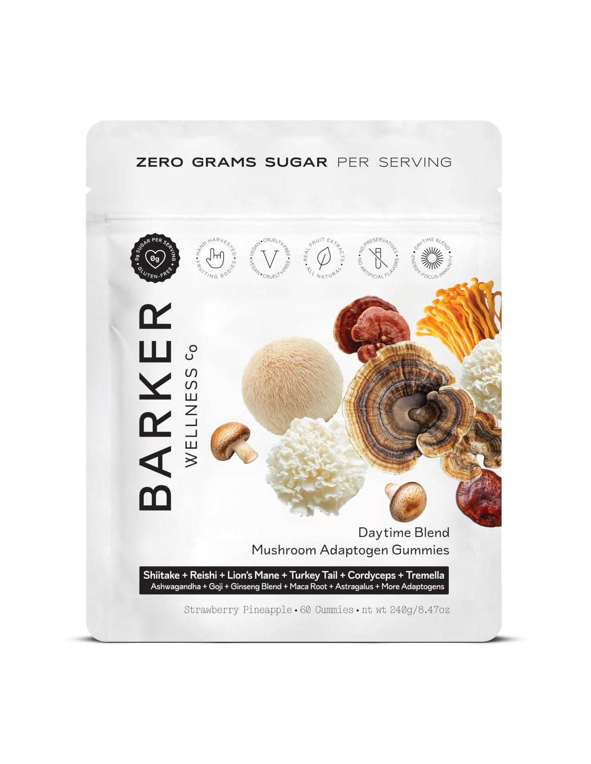 Barker Wellness Co Lions Mane gummies in a bottle supporting focus and natural energy