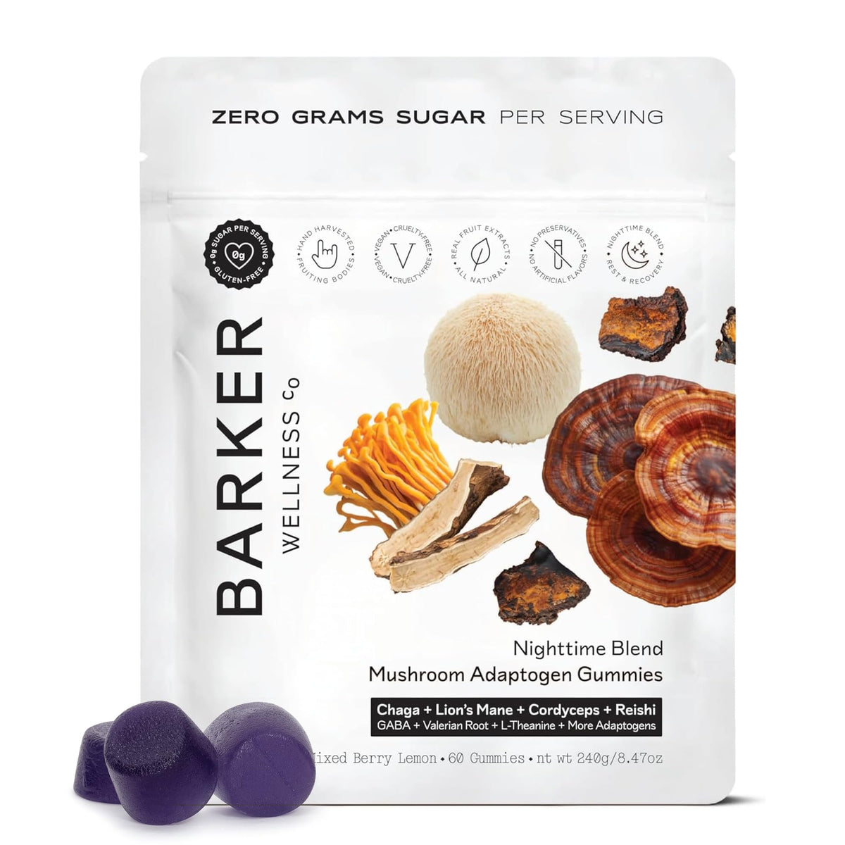 Barker Wellness Nighttime Gummies bottle on a nightstand promotes a calm bedtime routine.