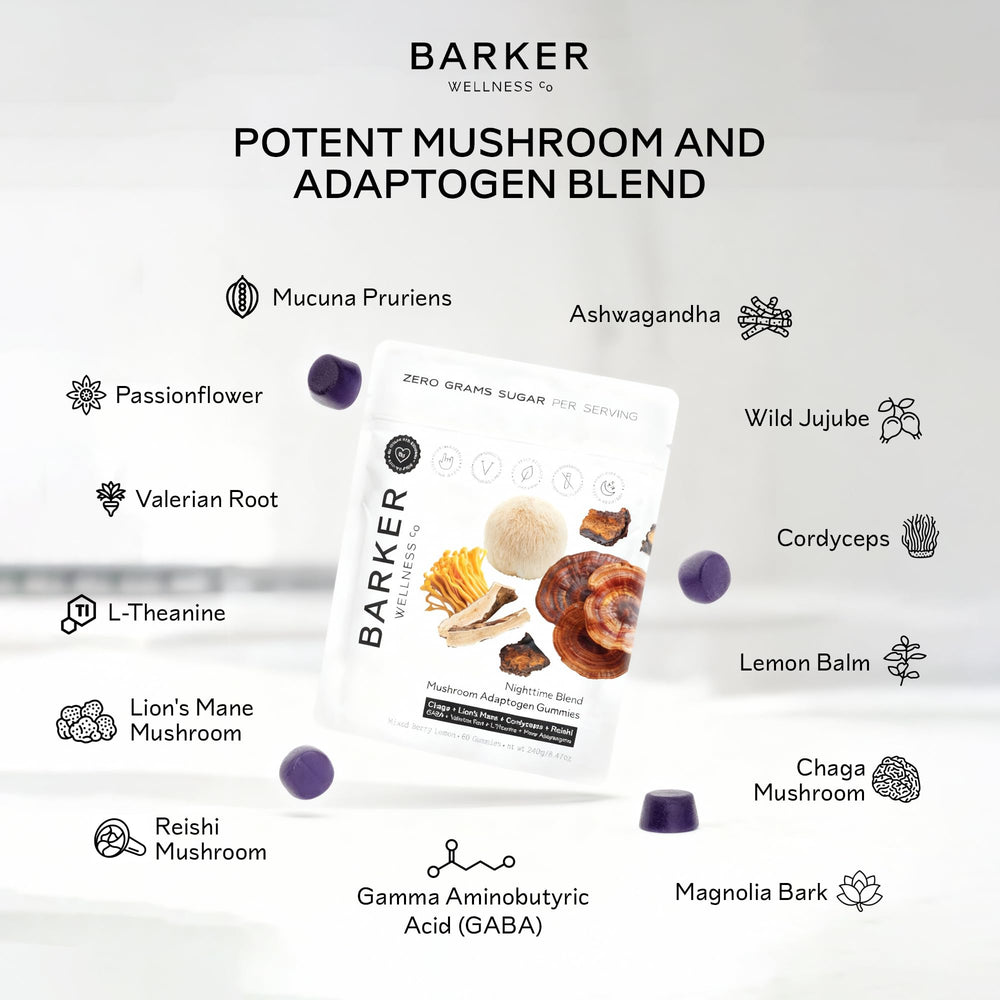 Barker Wellness Nighttime Gummies bowl shows two gummies for simple dosing.