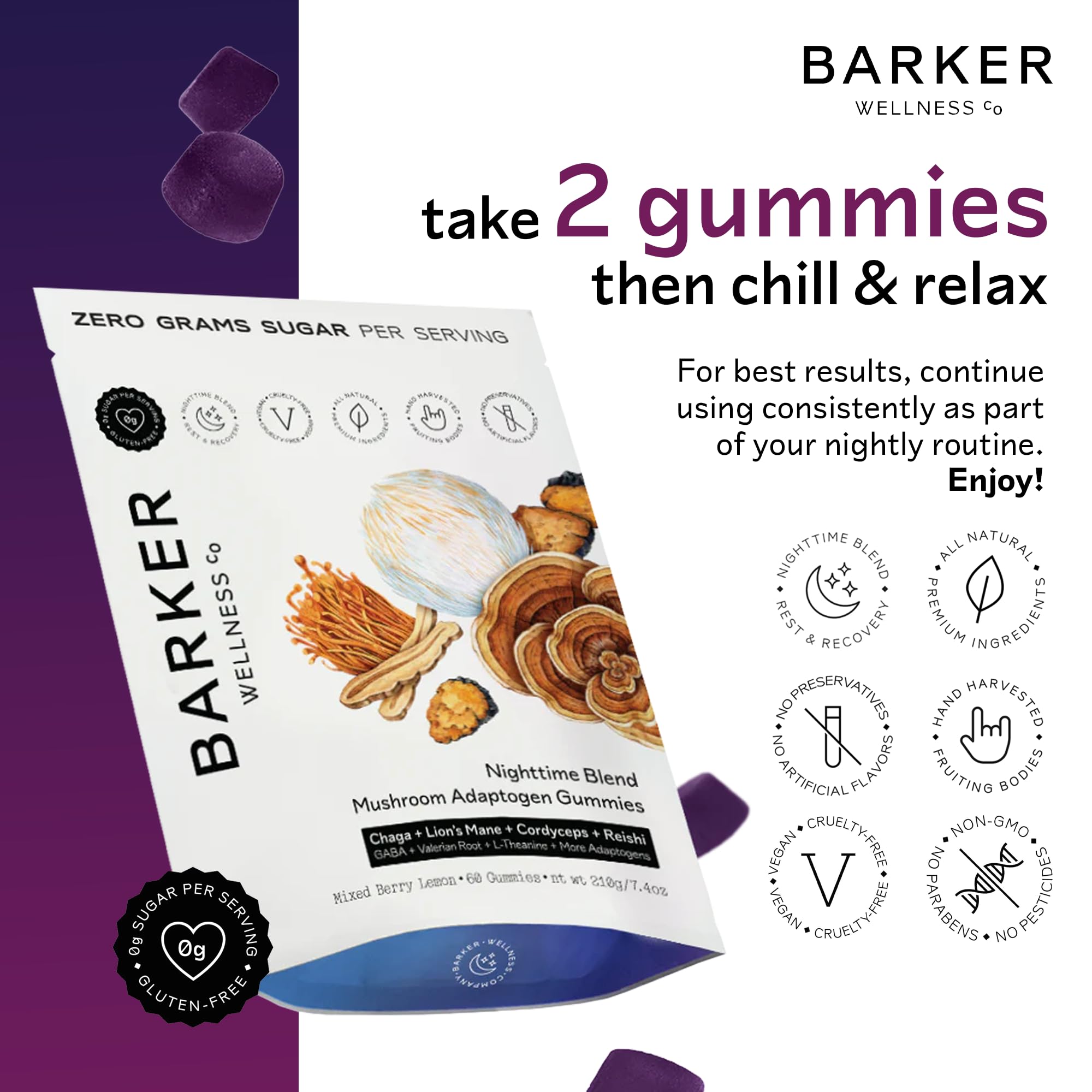 Barker Wellness Nighttime Gummies closeup reveals vegan, sugar-free formula for relaxation.