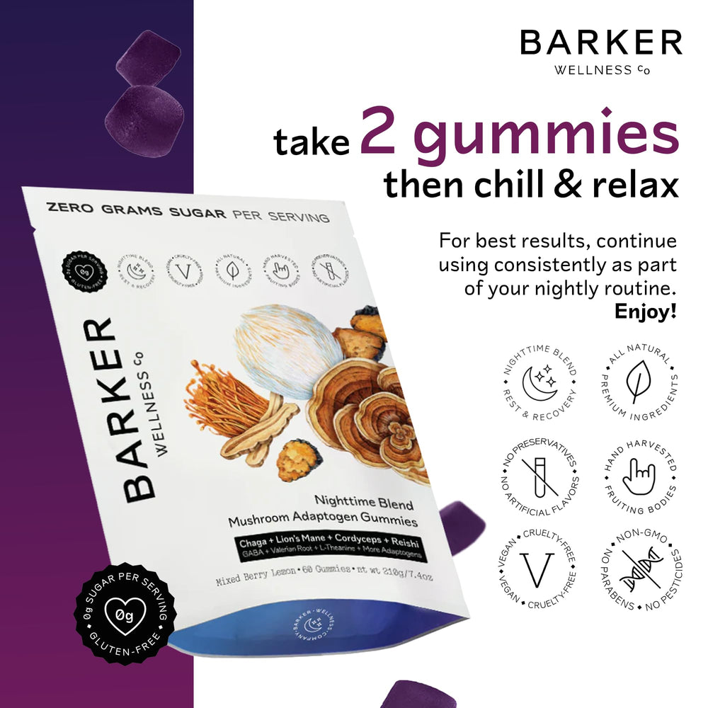 Barker Wellness Nighttime Gummies closeup reveals vegan, sugar-free formula for relaxation.