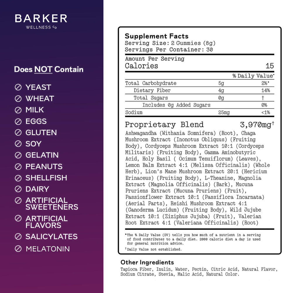 Barker Wellness Nighttime Gummies ingredients label highlights adaptogenic mushrooms for daily vitality.