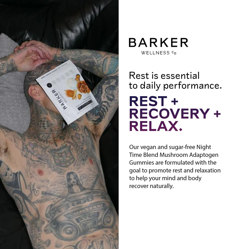 Barker Wellness Nighttime Gummies on a dim nightstand conveys rest and calm preparation.