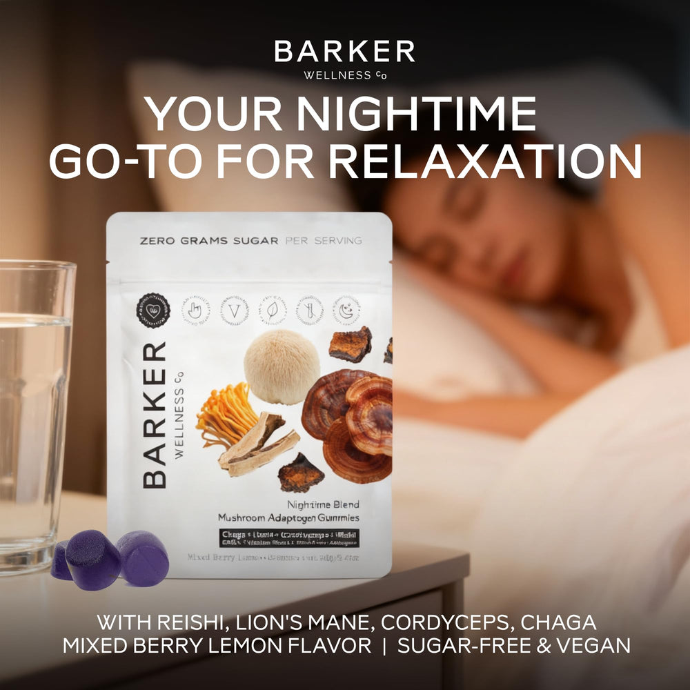 Barker Wellness Nighttime Gummies pack on a shelf signals an easy nightly ritual.