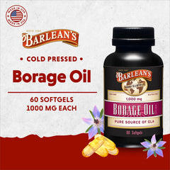 Close-up of Barlean's Borage Oil bottle highlighting cold-pressed extraction and purity