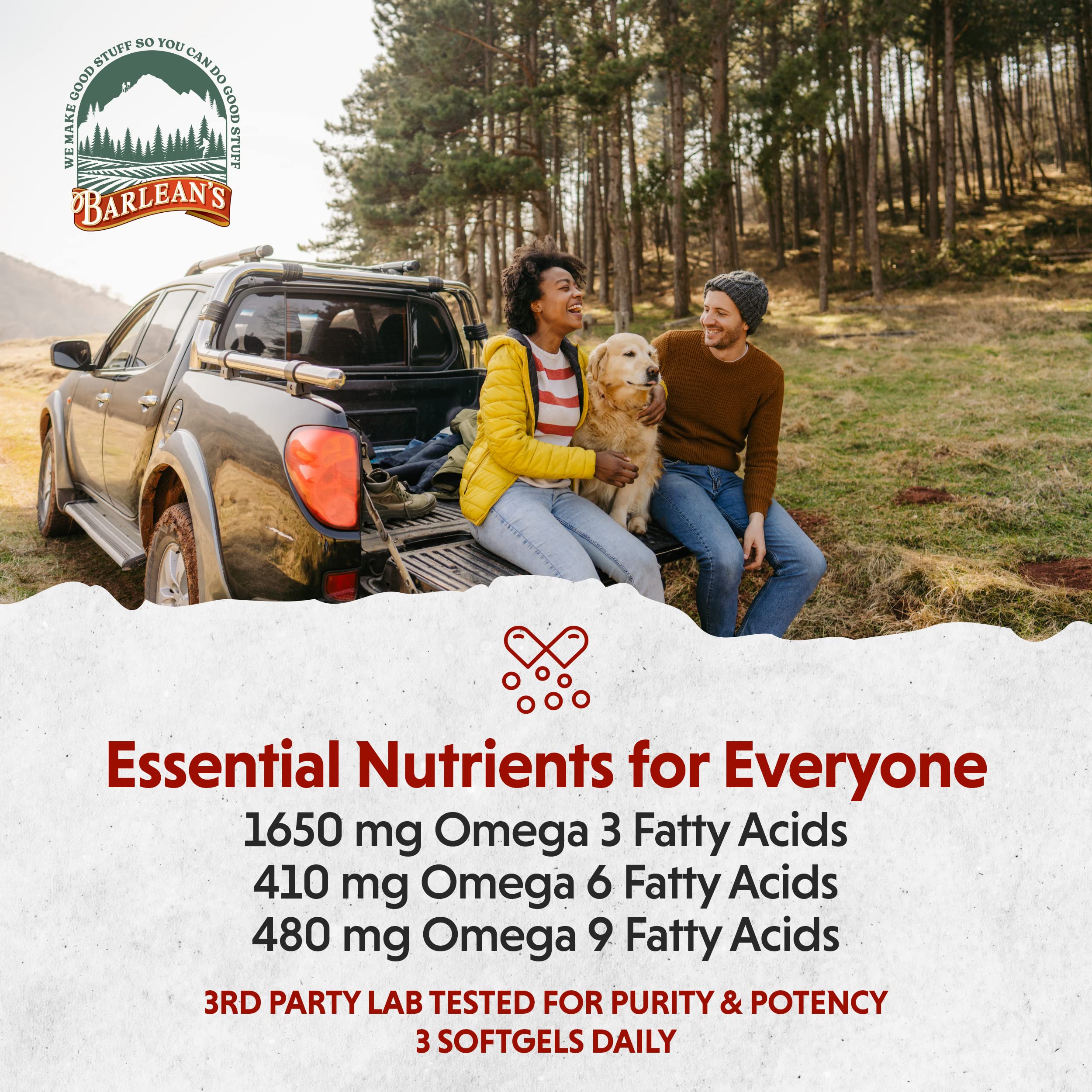 Barlean's bottle view highlights the flaxseed oil heritage.