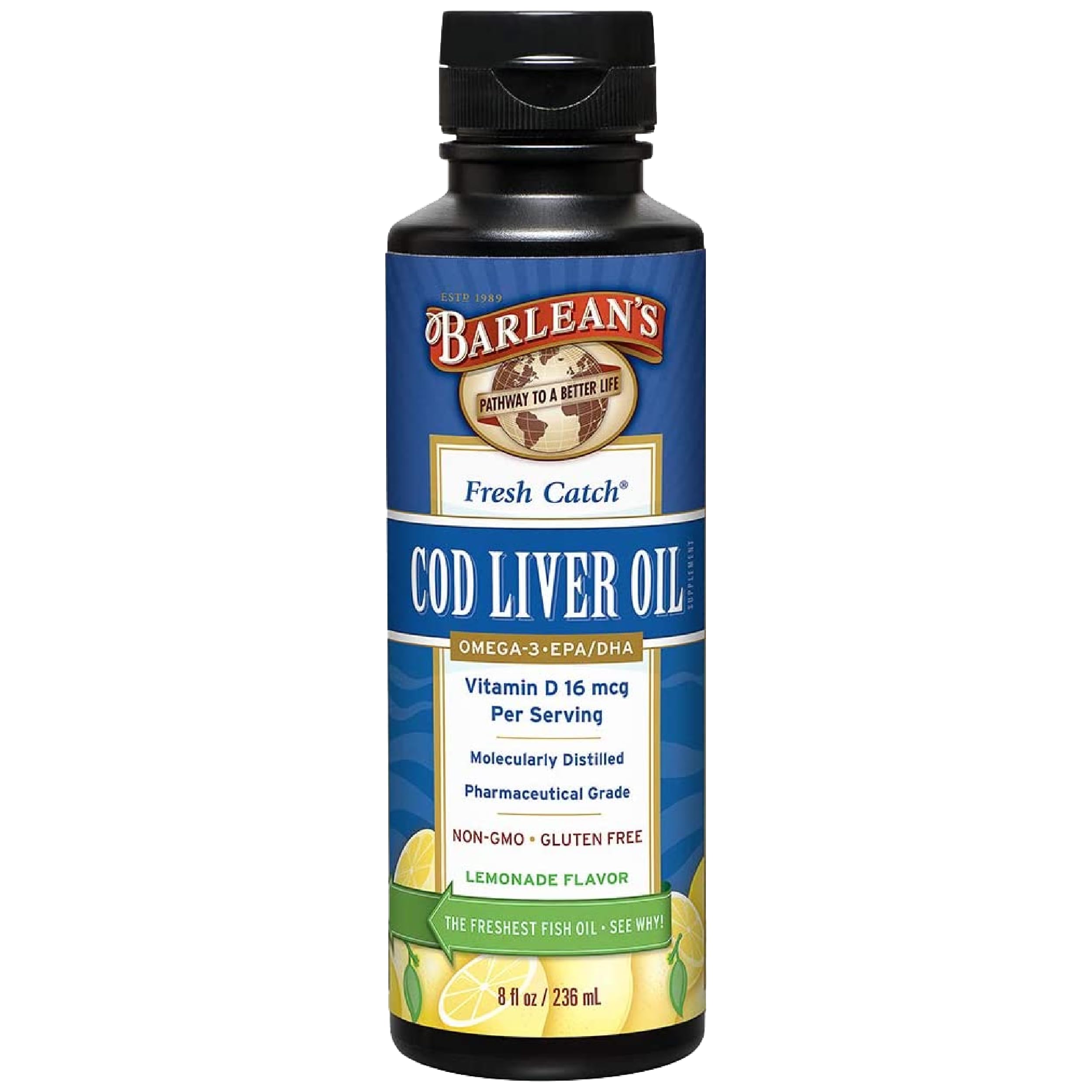 Barlean's cod liver oil bottle pour supports daily omega-3 intake
