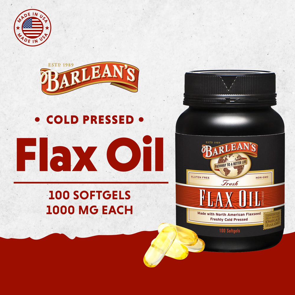 Barlean's cold-pressed flaxseed oil softgels close-up showing purity.