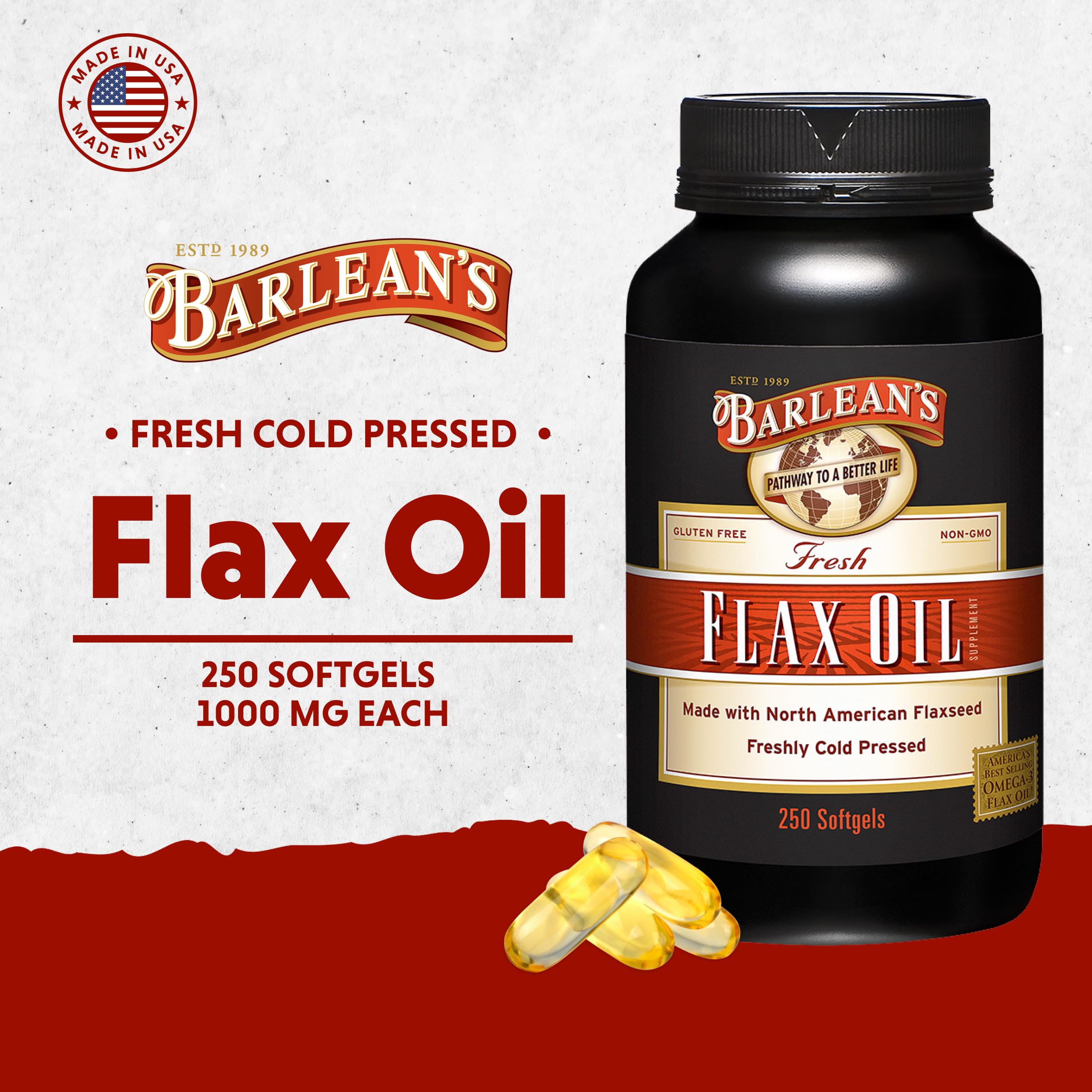 Barlean's cold-pressed flaxseed oil softgels preserving nutrients without heat.
