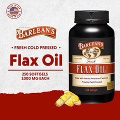 Barlean's cold-pressed flaxseed oil softgels preserving nutrients without heat.