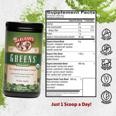 Barlean's Daily Fruit and Vegetable Superfood Bottle ready to mix into smoothies.