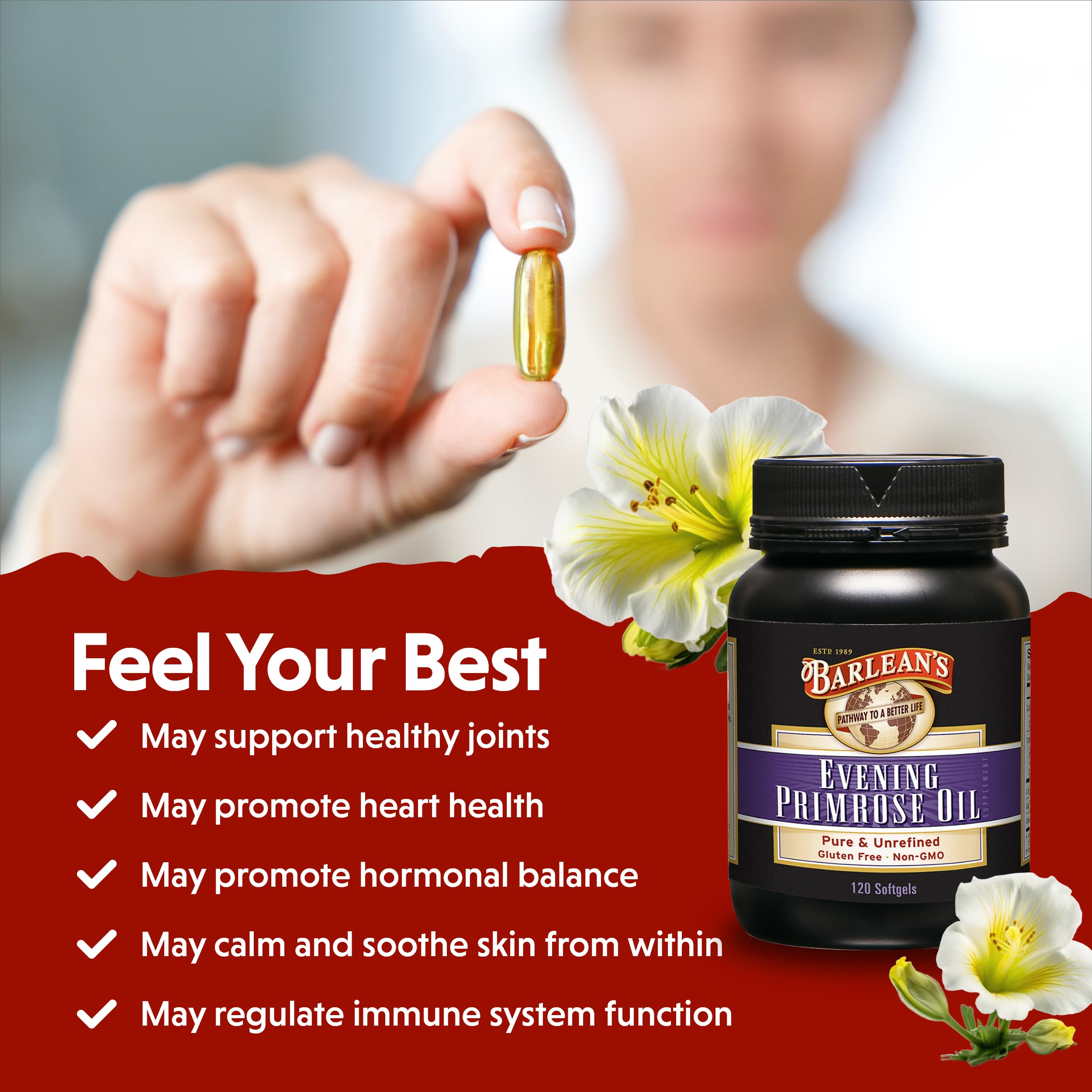 Barlean's Evening Primrose Oil bottle label showing gluten-free and non-GMO quality.