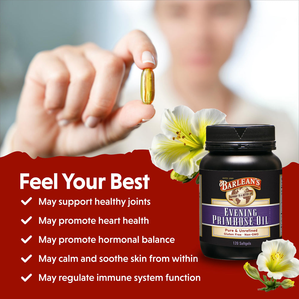 Barlean's Evening Primrose Oil bottle label showing gluten-free and non-GMO quality.