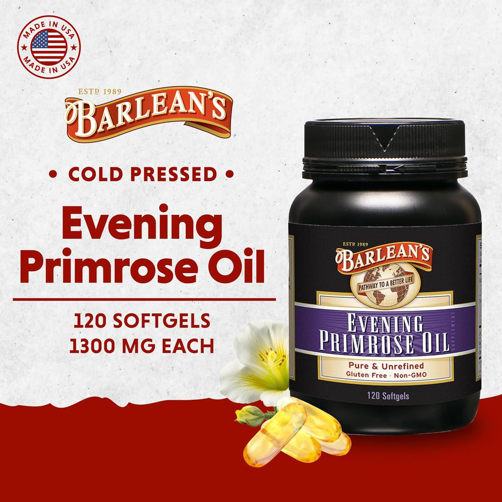 Barlean's Evening Primrose Oil capsules close-up, easy-to-swallow softgels for daily balance.