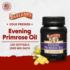 Barlean's Evening Primrose Oil capsules close-up, easy-to-swallow softgels for daily balance.