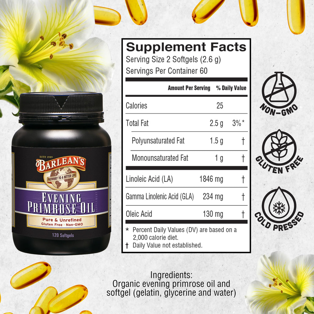 Barlean's Evening Primrose Oil label includes kosher and non-GMO certifications.