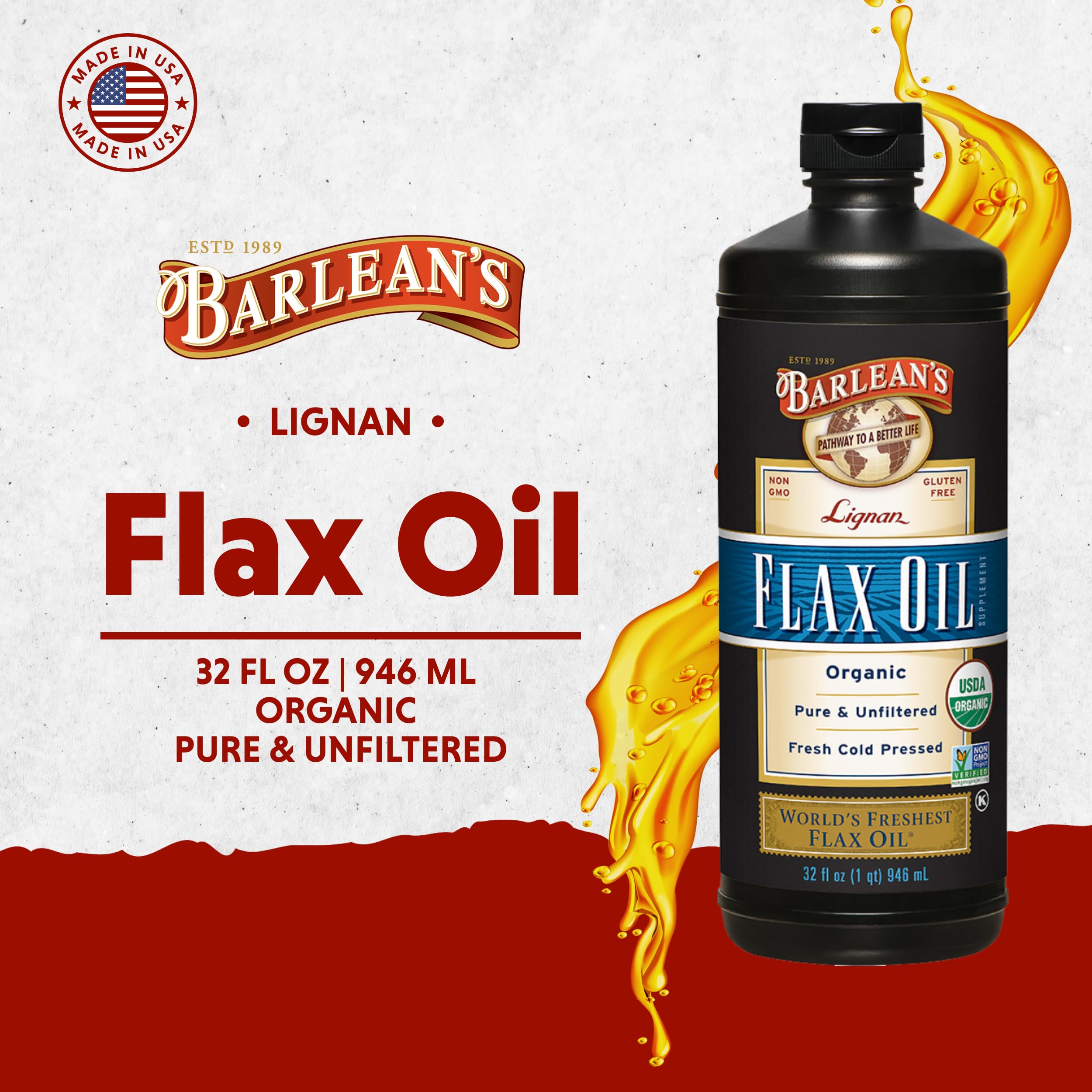 Pouring Barlean's Flax Oil from the bottle for daily use.