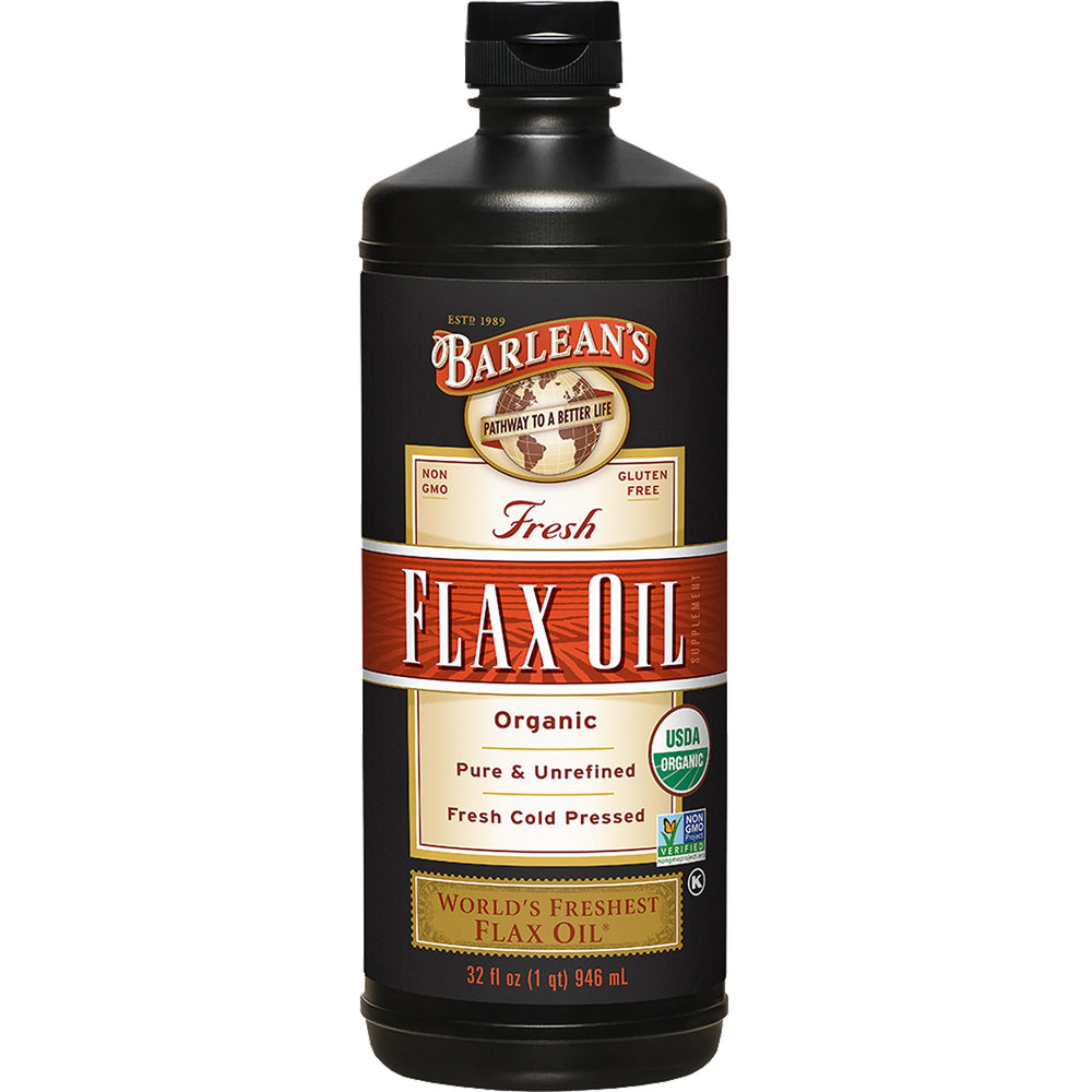 Barlean's flaxseed oil bottle on the kitchen counter, showing organic cold-pressed formula.