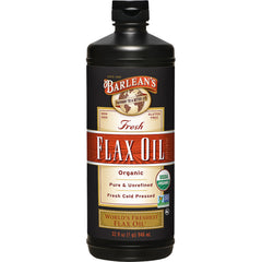 Barlean's flaxseed oil bottle on the kitchen counter, showing organic cold-pressed formula.