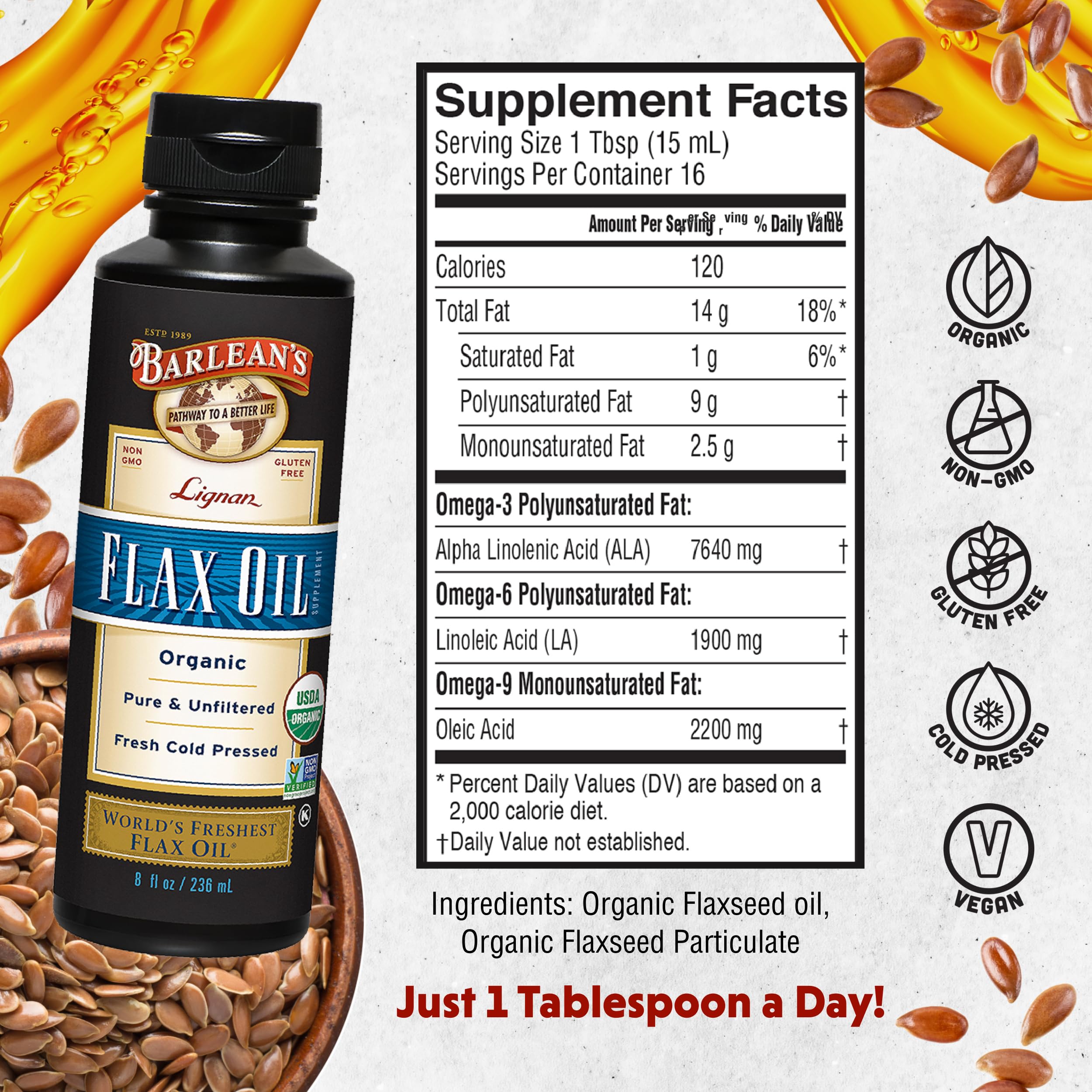 Barlean's flaxseed oil in a kitchen setting suggesting drizzling over salads