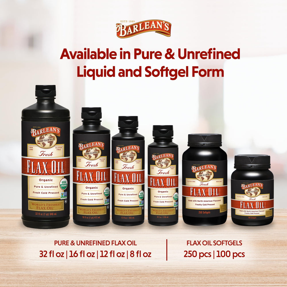 Locally grown Barlean's flaxseed oil from USA and Canada branding on display.