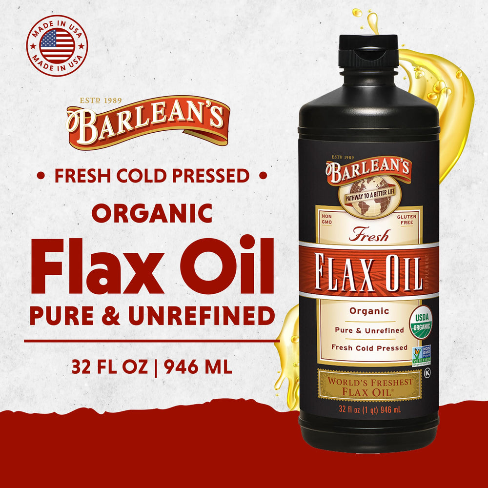 Close-up of Barlean's flaxseed oil label with organic, non-GMO flax seeds.