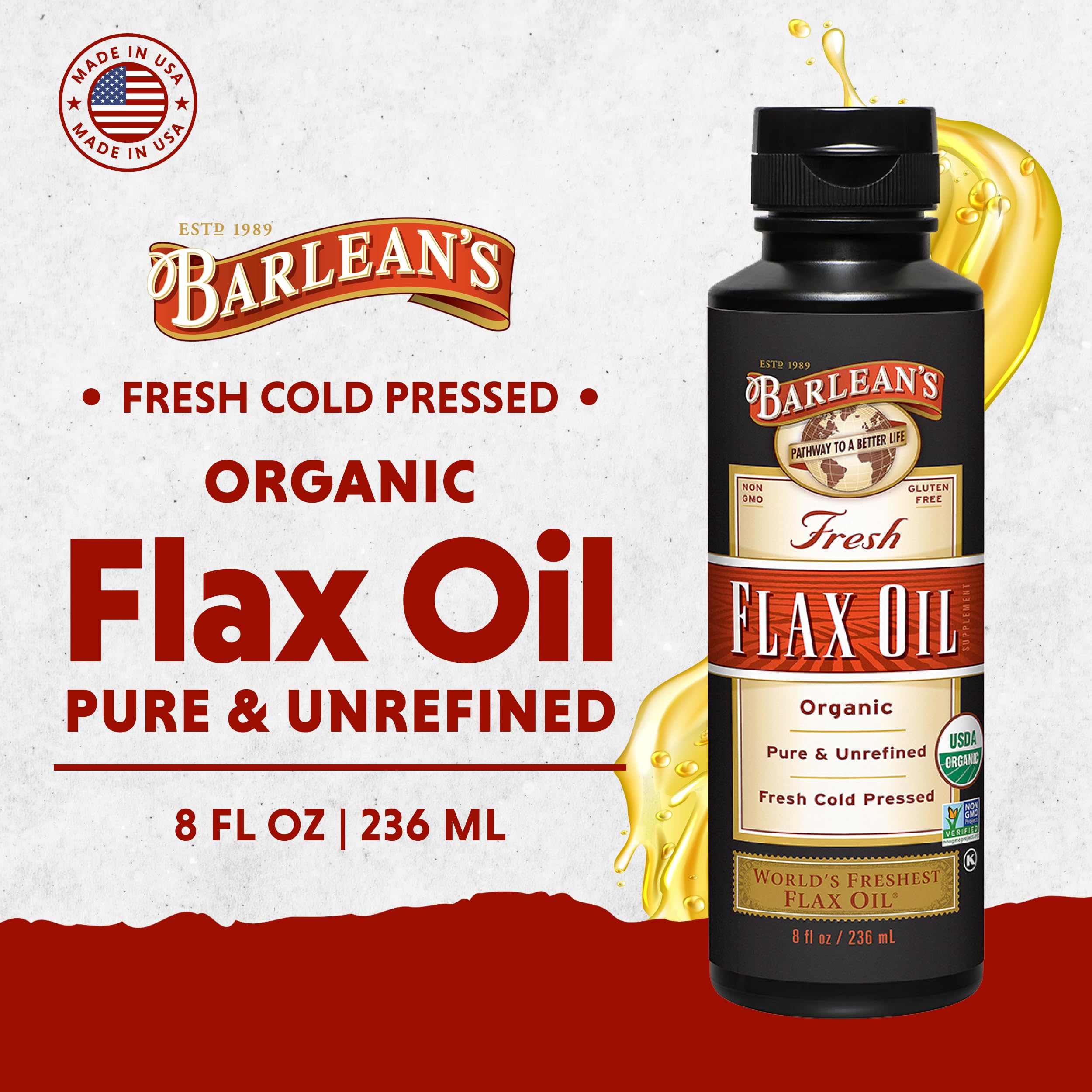 Barlean's Organic Flaxseed Oil label closeup highlights vegan and gluten-free features.