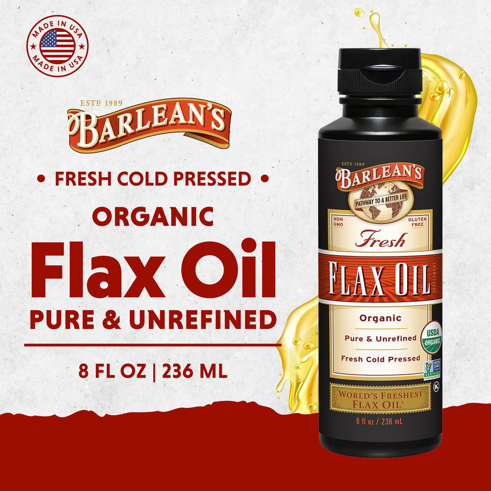 Barlean's Organic Flaxseed Oil label closeup highlights vegan and gluten-free features.