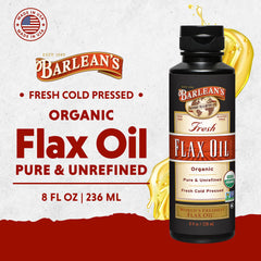 Barlean's Organic Flaxseed Oil label closeup highlights vegan and gluten-free features.