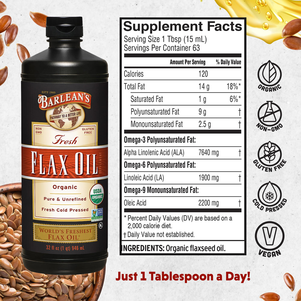 Pouring Barlean's flaxseed oil into a salad for a vegan omega-3 boost.
