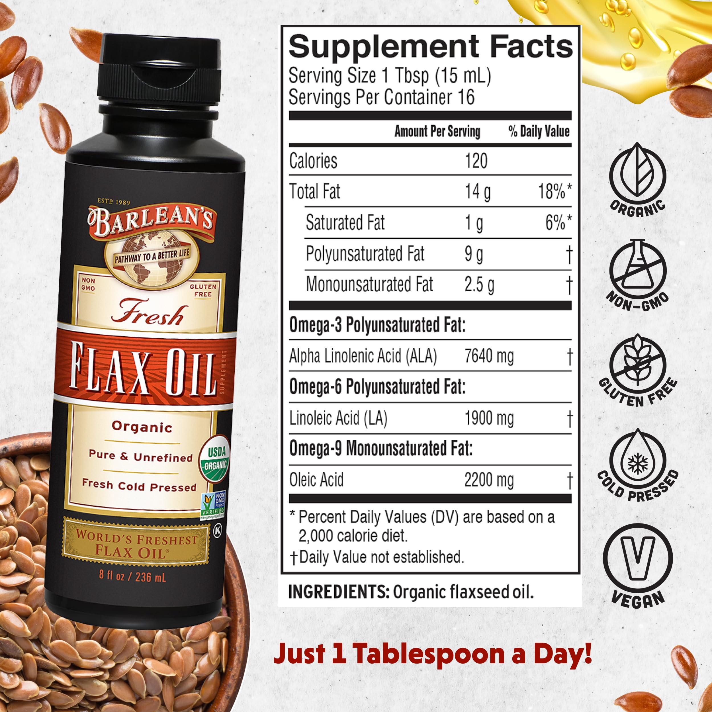 Barlean's flaxseed oil pour ready to drizzle on meals.