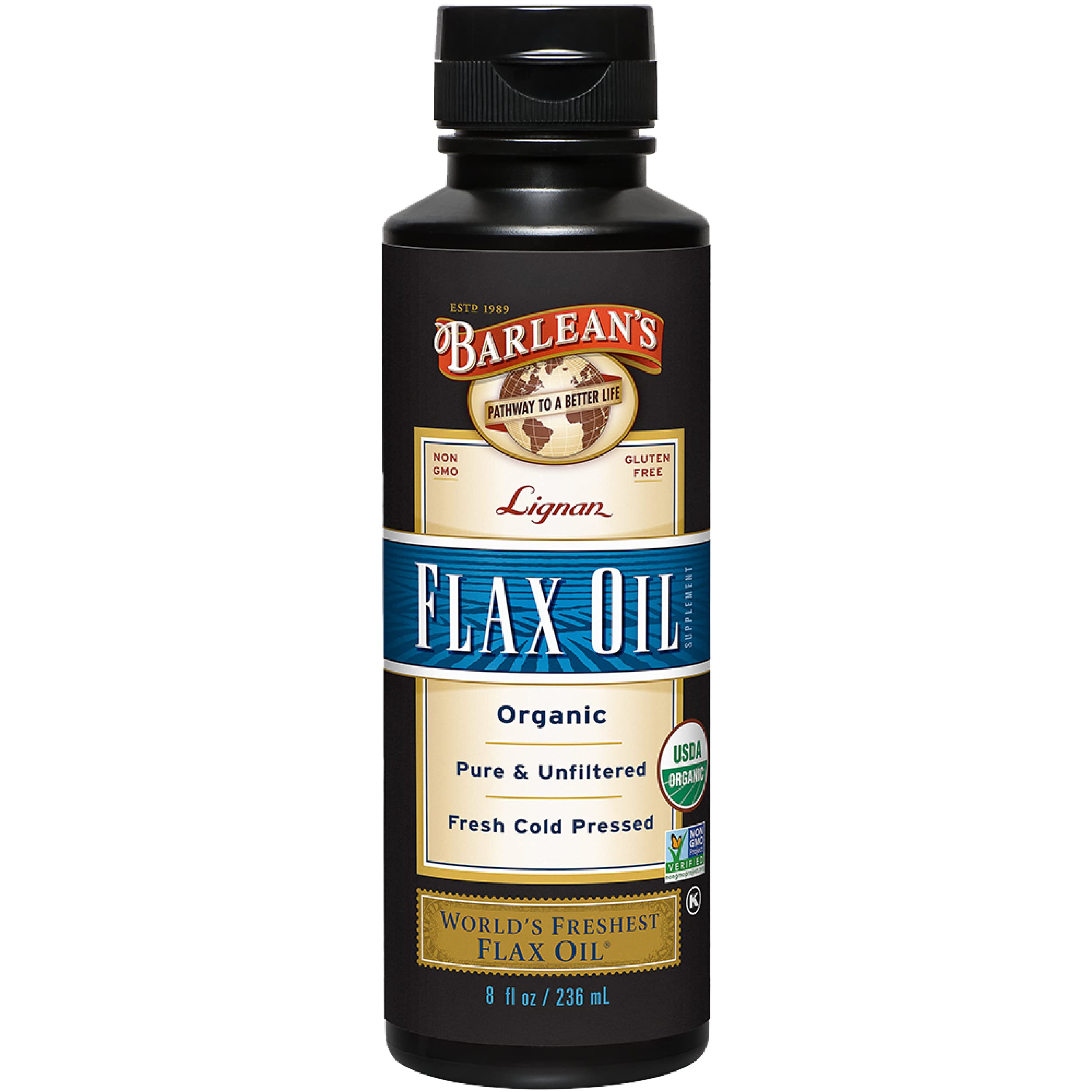 Barlean's Lignan Flaxseed Oil bottle showing organic, unrefined oil for daily use