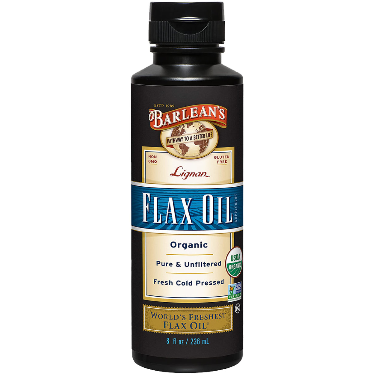Barlean's Lignan Flaxseed Oil bottle showing organic, unrefined oil for daily use