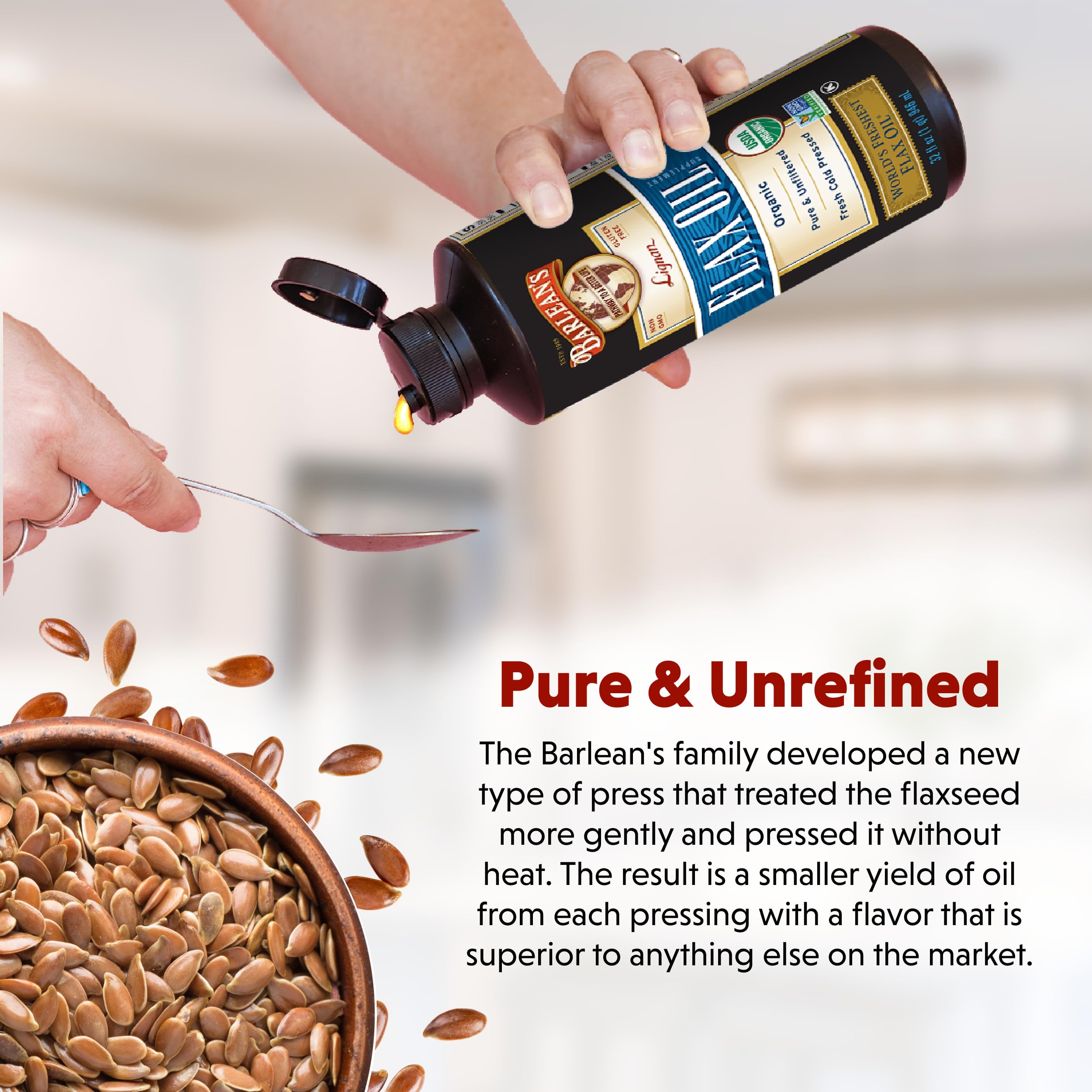 Barlean's Lignan Flaxseed Oil glass bottle preserves freshness and clarity