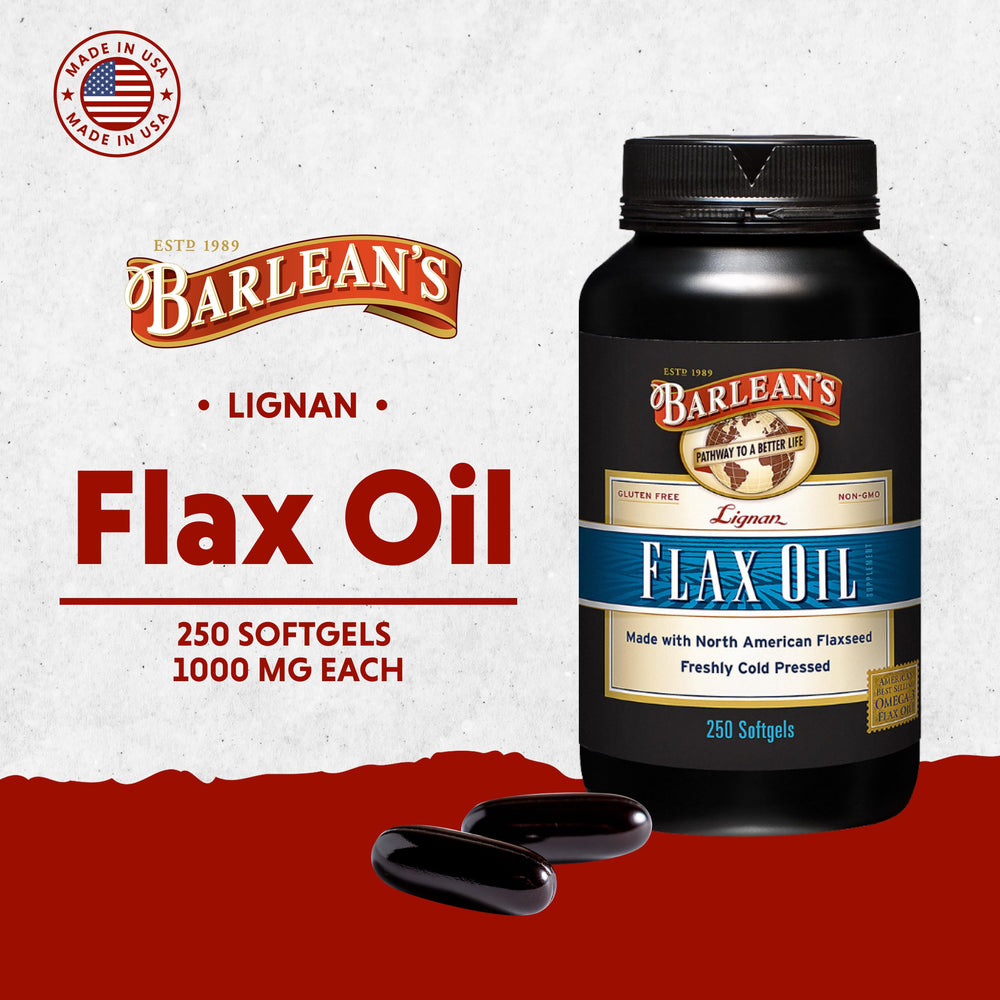 Barlean's flaxseed oil label close-up emphasizes cold-pressed oil