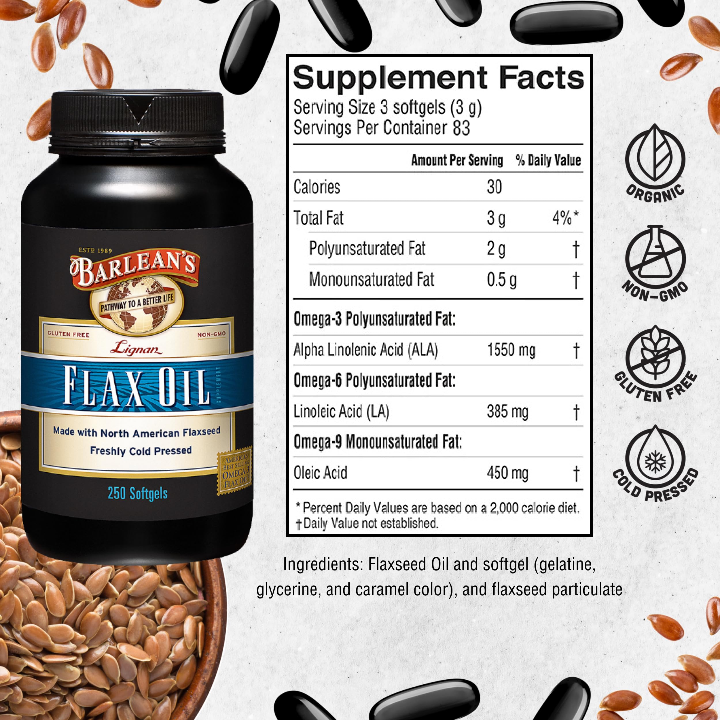 Barlean's flaxseed oil softgels serving size shows three softgels per serving