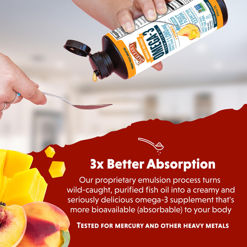 Mango peach flavor splash suggesting tasty, enjoyable daily supplement experience.