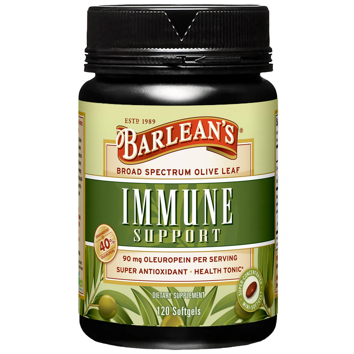 Barlean's Olive Leaf Complex softgels shown for immune support and antioxidant power.