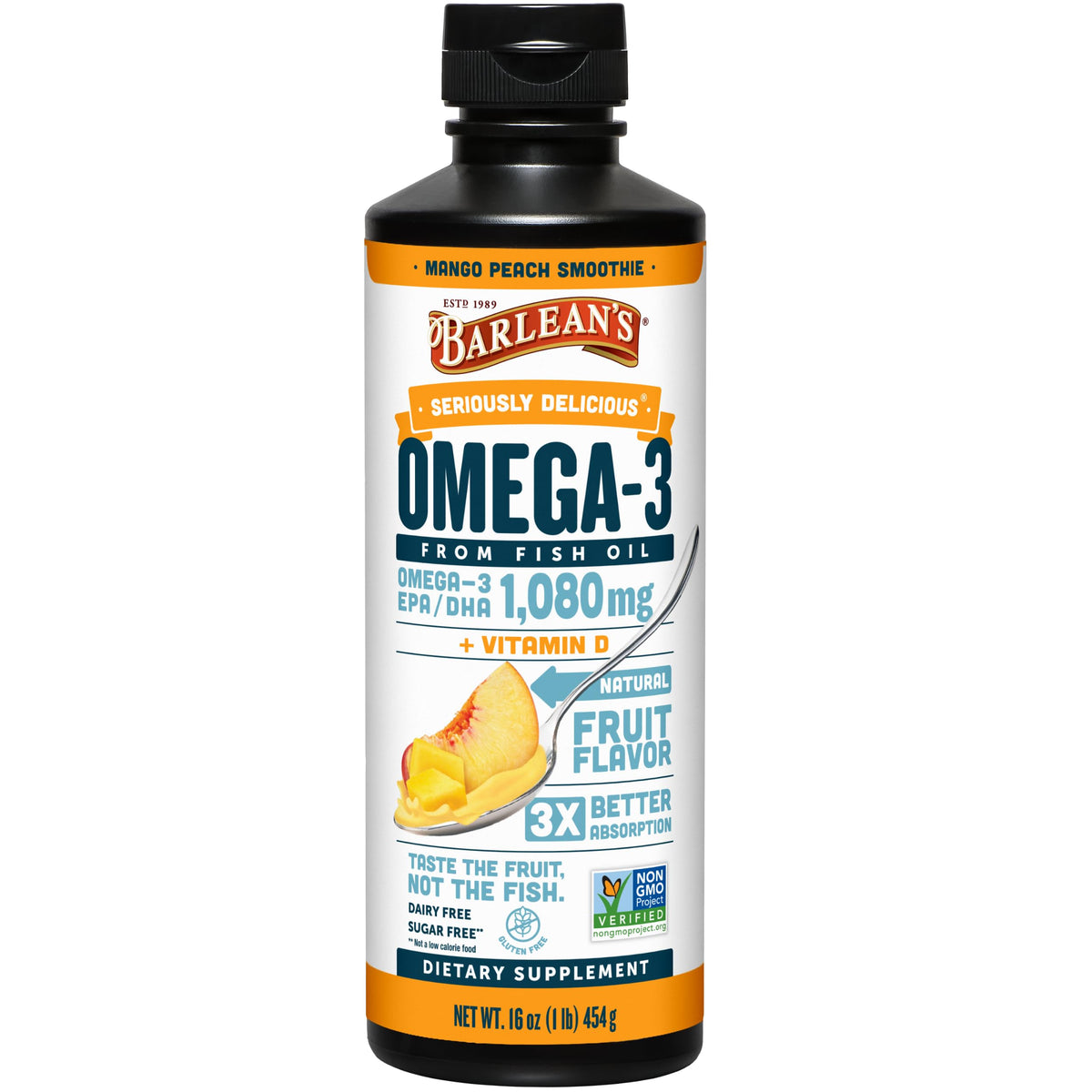 Barlean's Omega-3 Mango Peach bottle showcases flavor for easy daily intake.