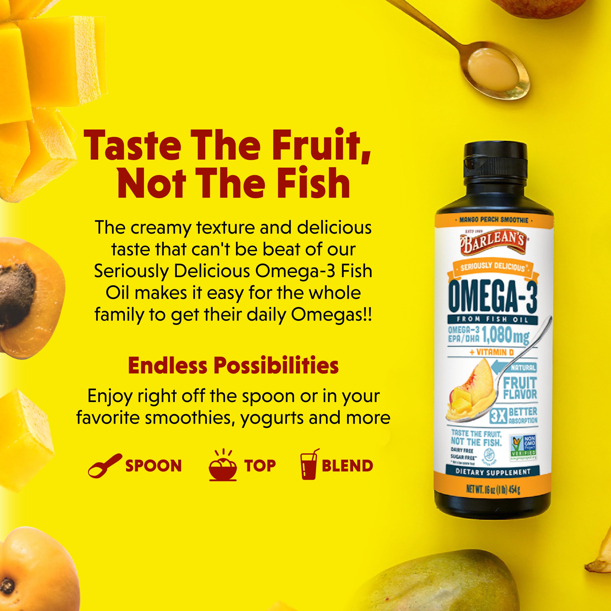 Barlean's 1 tablespoon daily dose delivers EPA and DHA with vitamin D3.