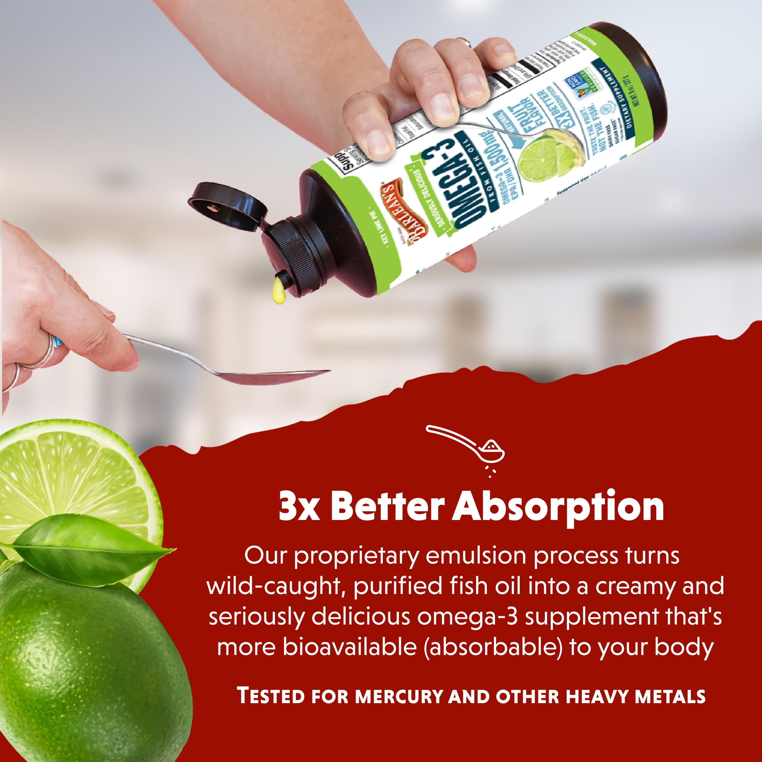 Barlean's Omega-3 non-GMO seal promotes product trust.