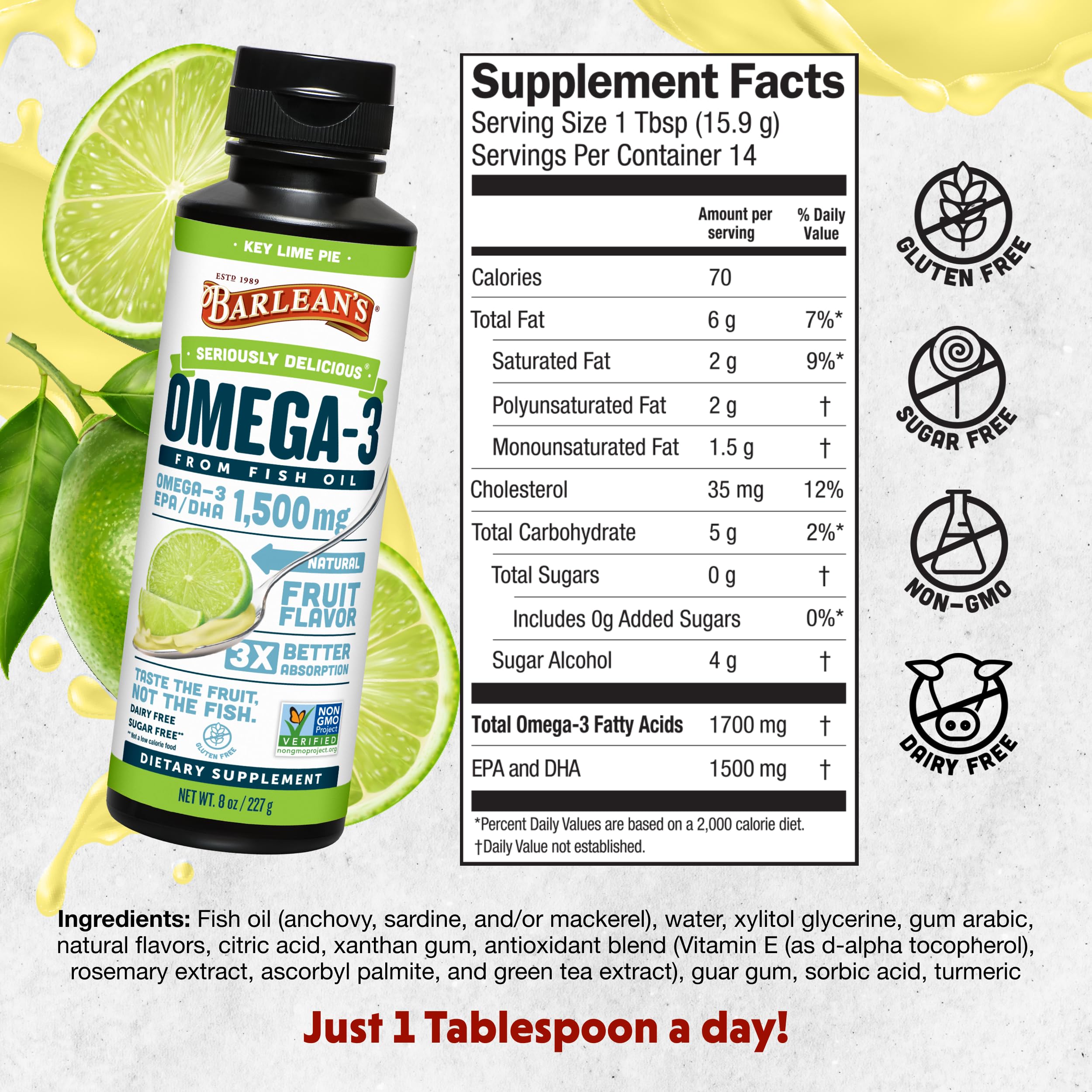 Barlean's Omega-3 bottle with spoon shows convenient serving size.