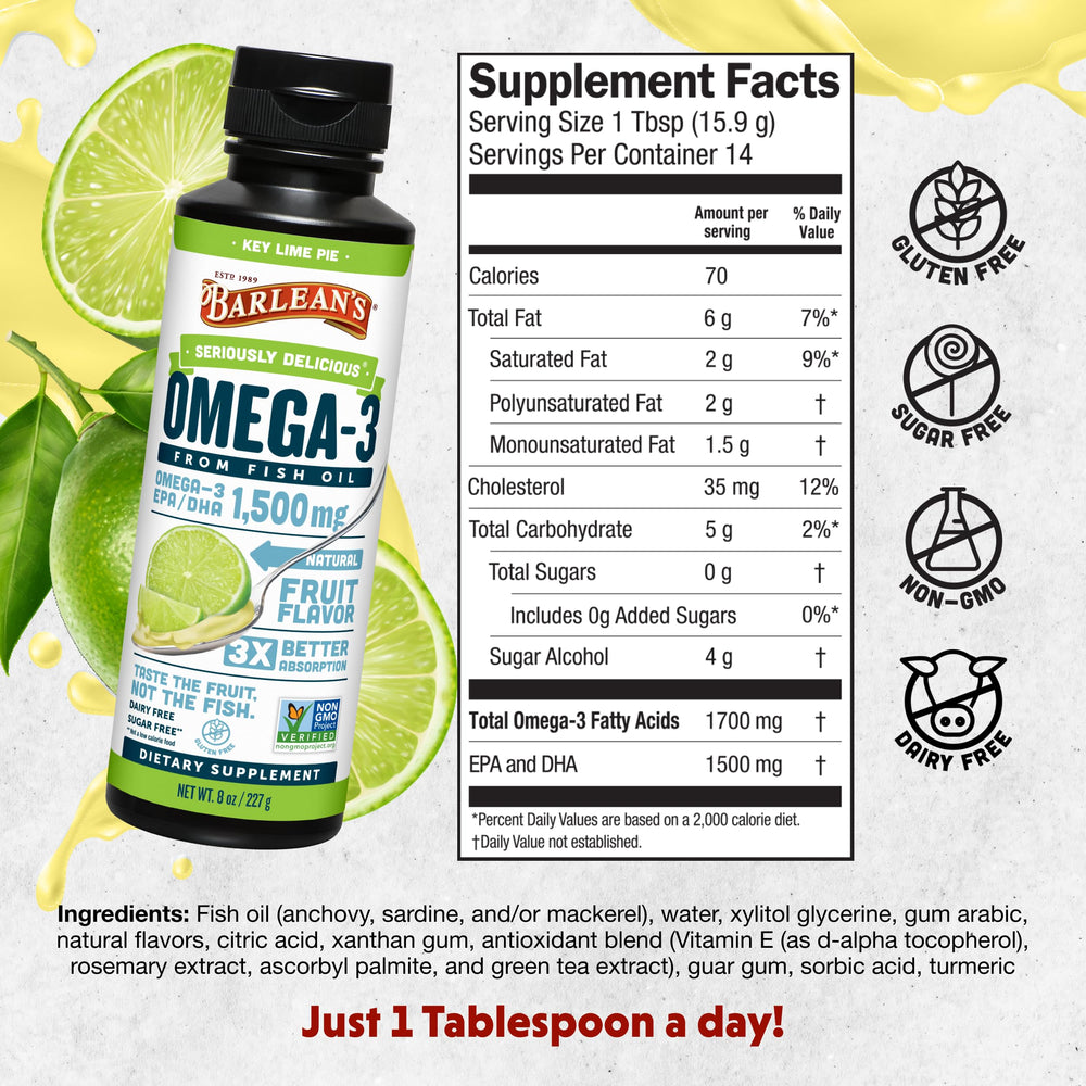Barlean's Omega-3 bottle with spoon shows convenient serving size.