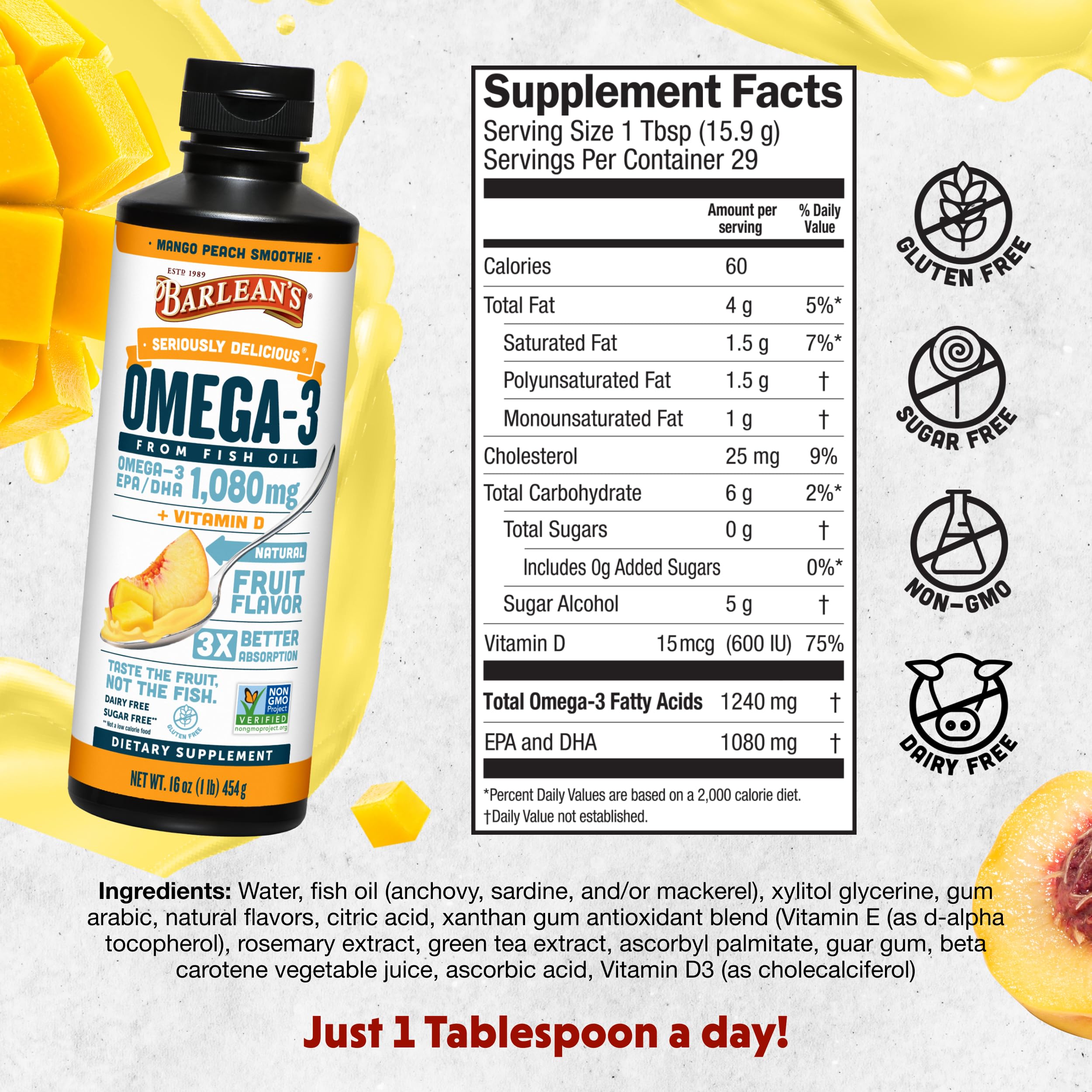 Barlean's Omega-3 Mango Peach liquid pour into yogurt for a smooth, tasty supplement.